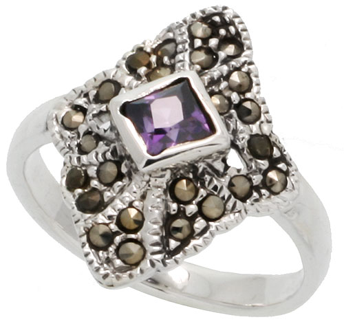 Sterling Silver Marcasite Ring, w/ Princess Cut Amethyst CZ, 13/16&quot; (21 mm) wide