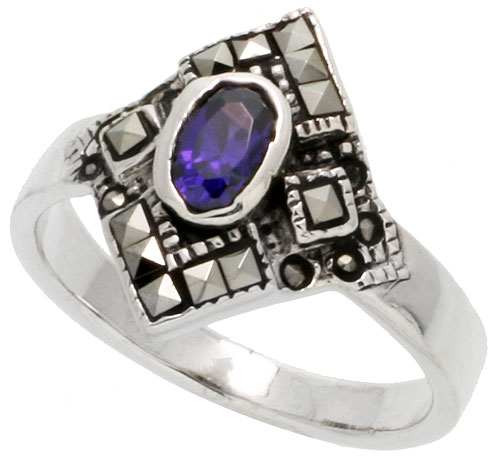 Sterling Silver Marcasite Ring, w/ Oval Cut Amethyst CZ, 5/8&quot; (16 mm) wide