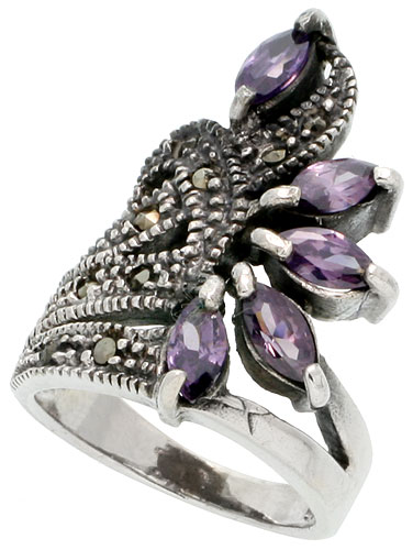 Sterling Silver Marcasite Fancy Ring, w/ Marquise Cut Amethyst CZ, 15/16&quot; (24 mm) wide