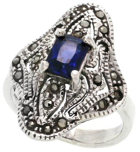 Sterling Silver Marcasite Clover-shaped Ring, w/ Emerald Cut Blue Sapphire CZ, 7/8&quot; (22 mm) wide