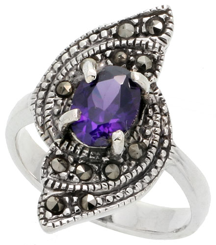 Sterling Silver Marcasite Freeform Ring, w/ Oval Cut Amethyst CZ, 1 1/16&quot; (27 mm) wide