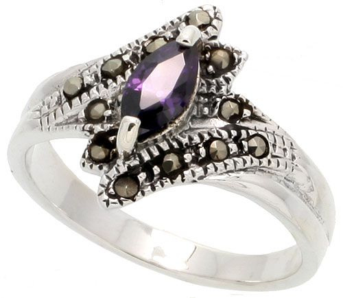 Sterling Silver Marcasite Freeform Ring, w/ Marquise Cut Amethyst CZ, 11/16&quot; (18 mm) wide