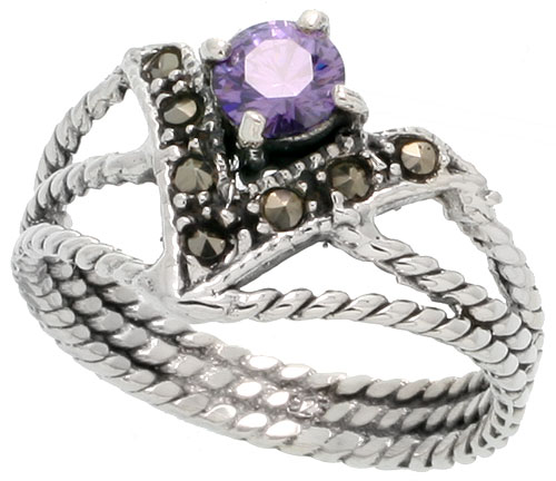 Sterling Silver Marcasite V-shaped Ring, w/ Brilliant Cut Amethyst CZ, 5/8&quot; (16 mm) wide