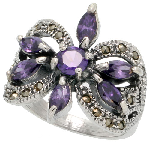 Sterling Silver Marcasite Flower Ring, w/ Brilliant &amp; Marquise Cut Amethyst CZ, 11/16&quot; (18 mm) wide