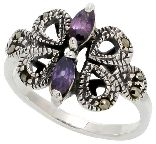 Sterling Silver Marcasite Butterfly Ring, w/ Marquise Cut Amethyst CZ, 9/16&quot; (15 mm) wide