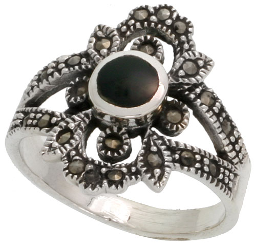 Sterling Silver Marcasite Floral Ring, w/ Brilliant Cut Natural Garnet, 7/8&quot; (22 mm) wide