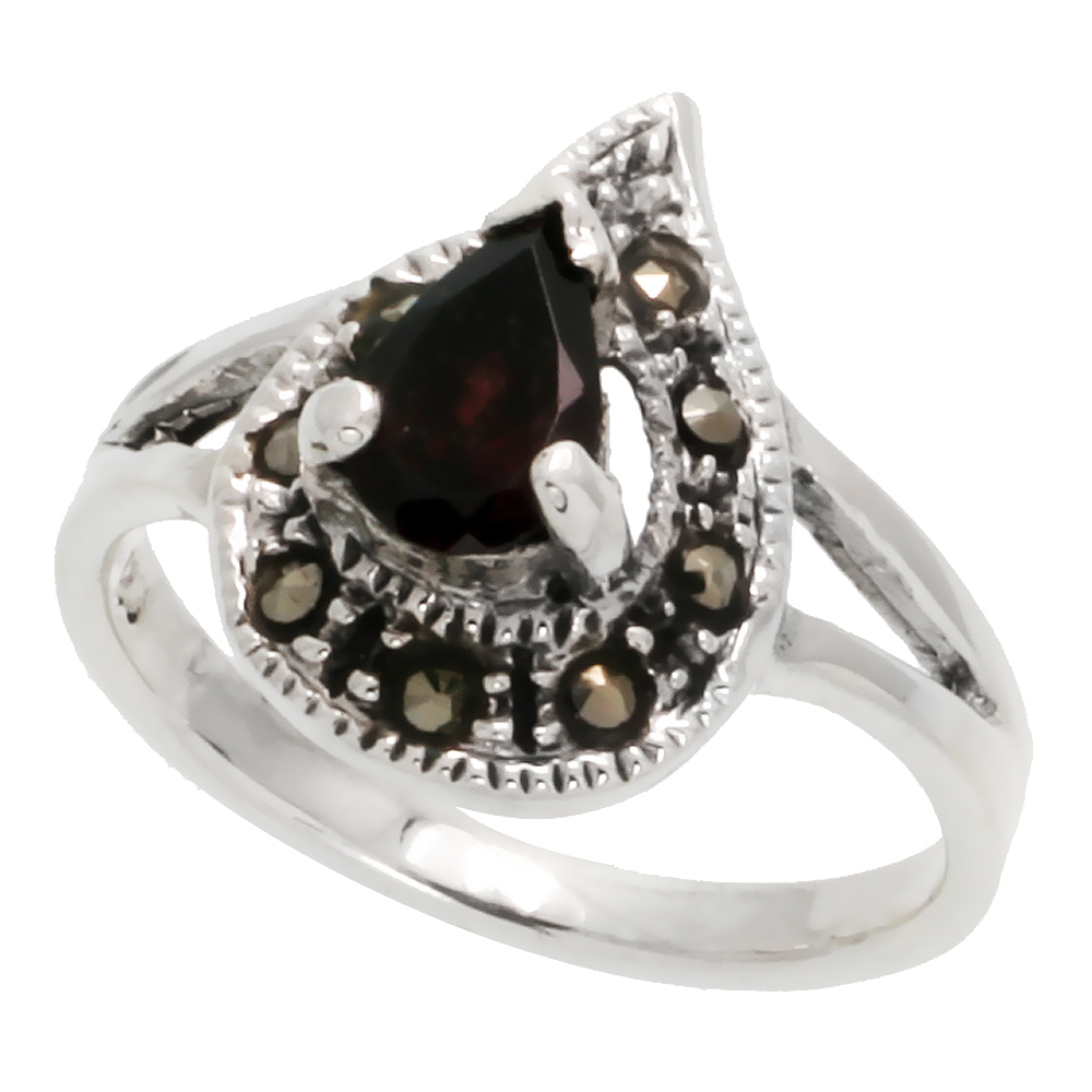 Sterling Silver Marcasite Pear-shaped Ring, w/ Pear Cut Natural Garnet, 3/4&quot; (19 mm) wide