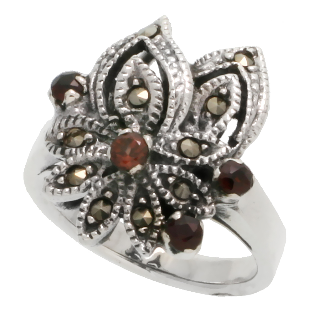 Sterling Silver Marcasite Flower Ring, w/ Brilliant Cut Natural Garnet, 13/16&quot; (21 mm) wide