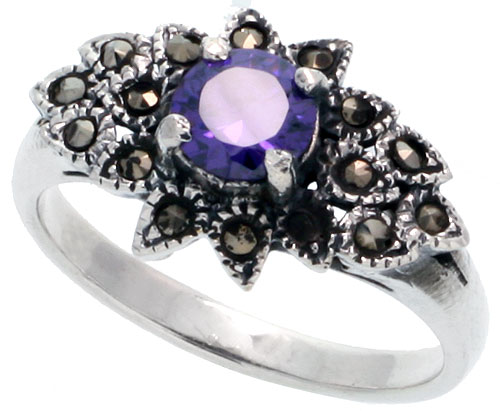 Sterling Silver Marcasite Floral Ring, w/ Brilliant Cut Amethyst CZ, 9/16&quot; (14 mm) wide