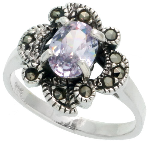 Sterling Silver Marcasite Freeform Ring, w/ Oval Cut Light Amethyst CZ, 9/16&quot; (14 mm) wide