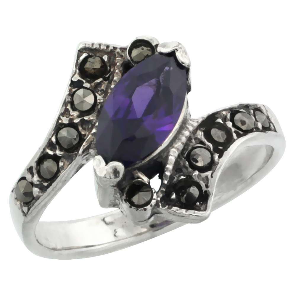 Sterling Silver Marcasite Swirl Ring w/ Marquise Cut Natural Amethyst Stone, 9/16" (15 mm) wide