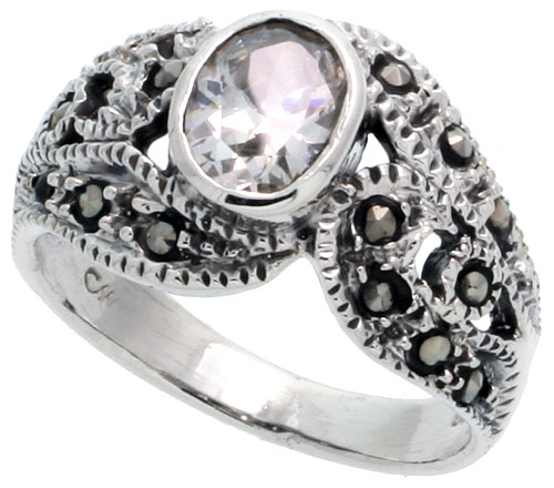 Sterling Silver Marcasite Freeform Ring, w/ Oval Cut Amethyst CZ, 1/2&quot; (13 mm) wide