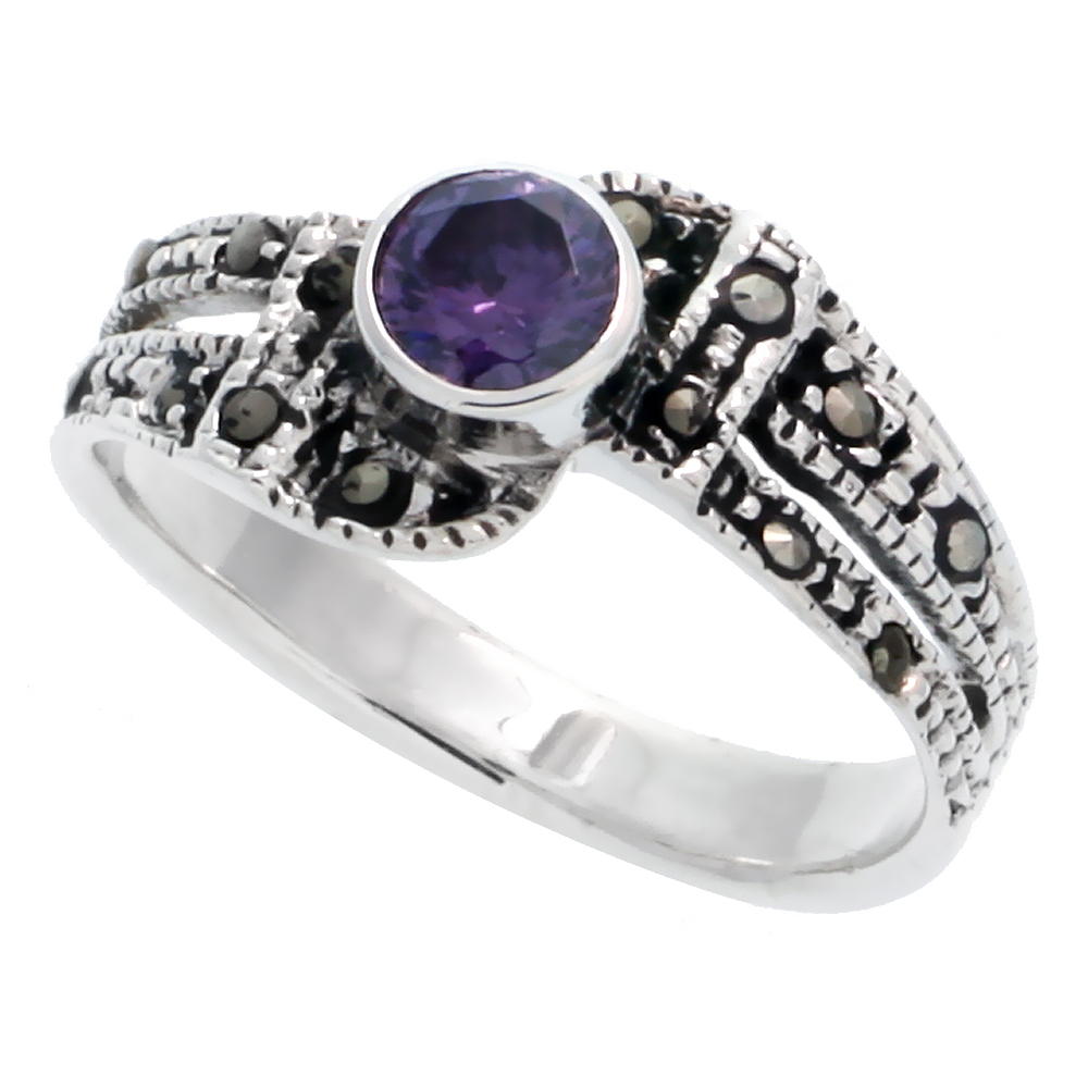 Sterling Silver Marcasite Freeform Ring, w/ Oval Cut Amethyst CZ, 9/16&quot; (14 mm) wide