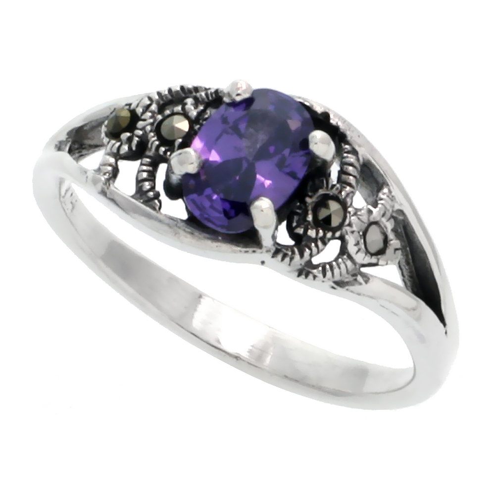 Sterling Silver Marcasite Freeform Ring, w/ Oval Cut Amethyst CZ, 3/8&quot; (10 mm) wide
