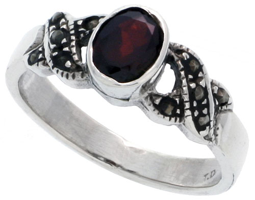 Sterling Silver Marcasite Crisscross Ring, w/ Oval Cut Natural Garnet, 1/4&quot; (7 mm) wide