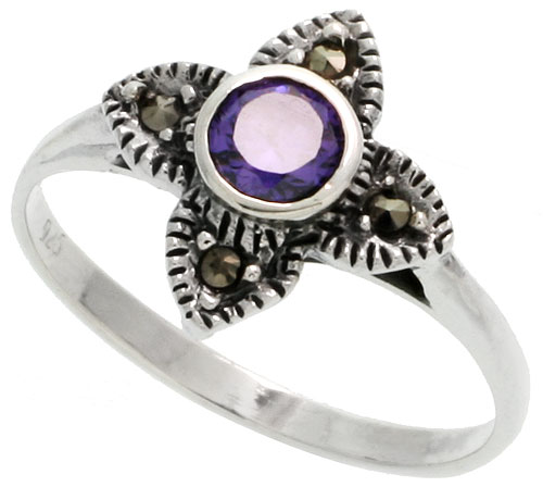 Sterling Silver Marcasite Clover Ring, w/ Brilliant Cut Amethyst CZ, 1/2&quot; (13 mm) wide
