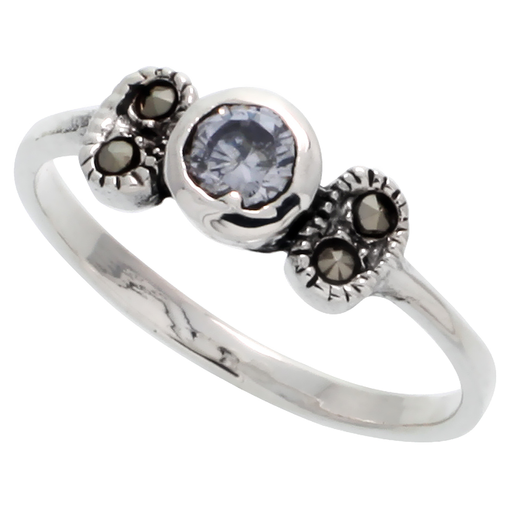 Sterling Silver Marcasite Thin Ring, w/ Brilliant Cut CZ Stone, 3/16&quot; (5 mm) wide