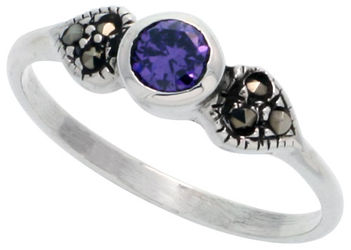 Sterling Silver Marcasite Double Heart Ring, w/ Brilliant Cut Amethyst CZ, 3/16&quot; (5 mm) wide