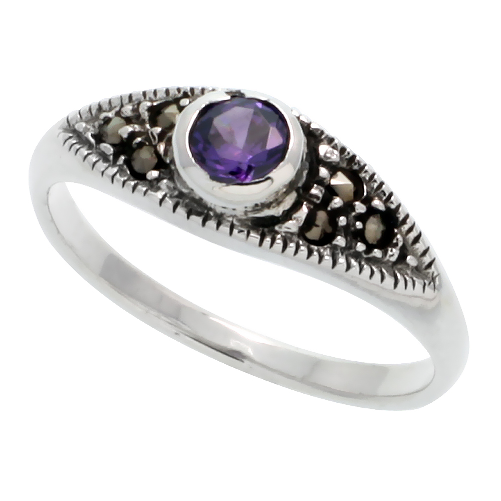 Sterling Silver Marcasite Thin Ring, w/ Brilliant Cut Amethyst CZ, 3/16&quot; (5 mm) wide