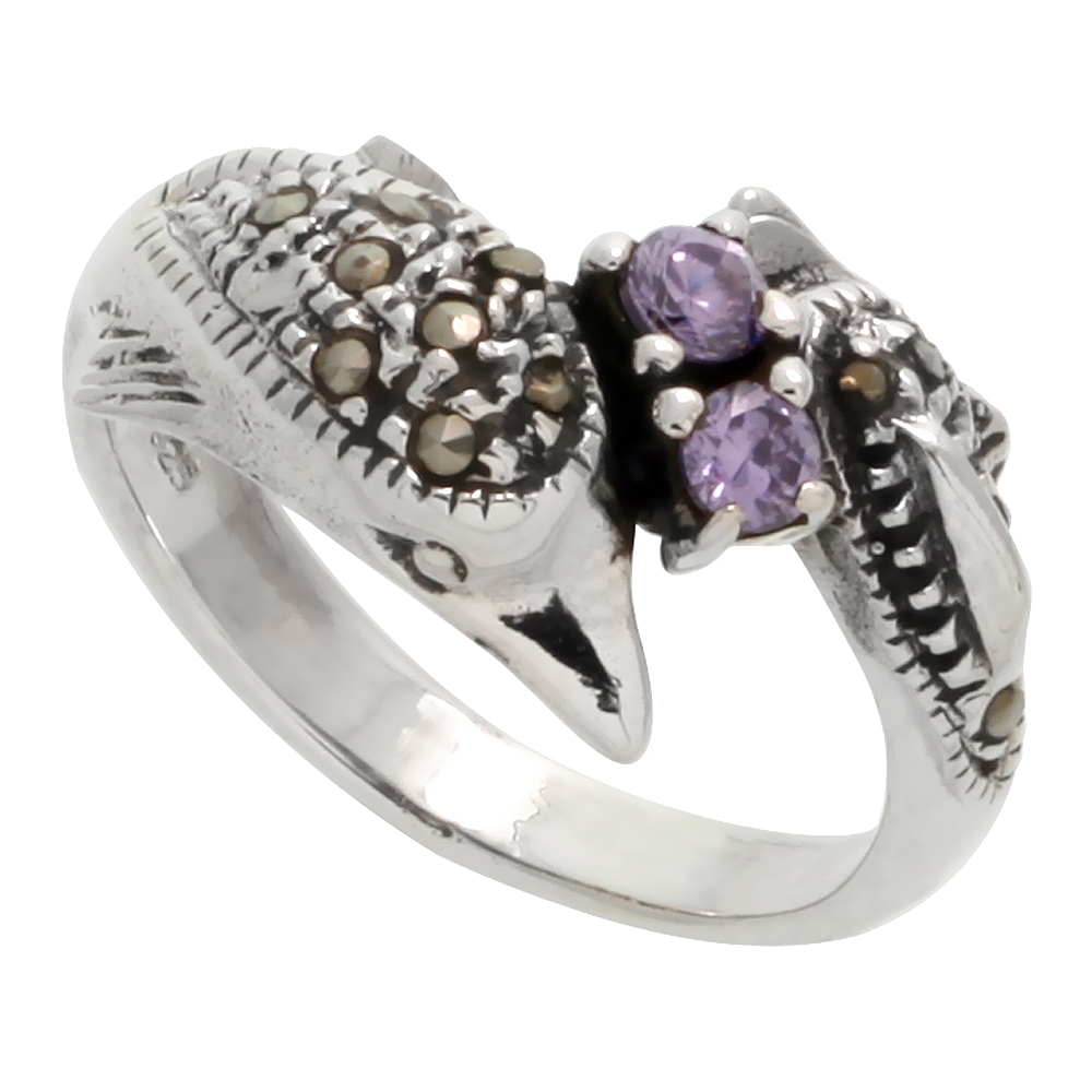 Sterling Silver Marcasite Dolphin Ring, w/ Brilliant Cut Amethyst CZ, 7/16&quot; (11 mm) wide