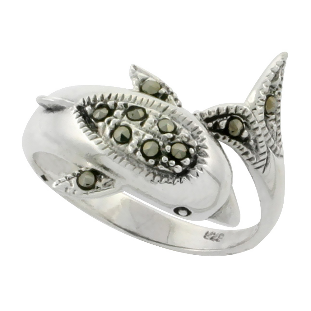 Sterling Silver Marcasite Dolphin Ring, 11/16" (17 mm) wide