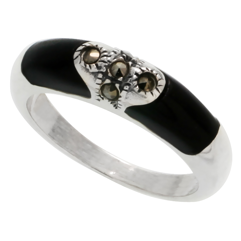 Sterling Silver Marcasite Tubular Jet Stone Ring, 1/4" (6 mm) wide