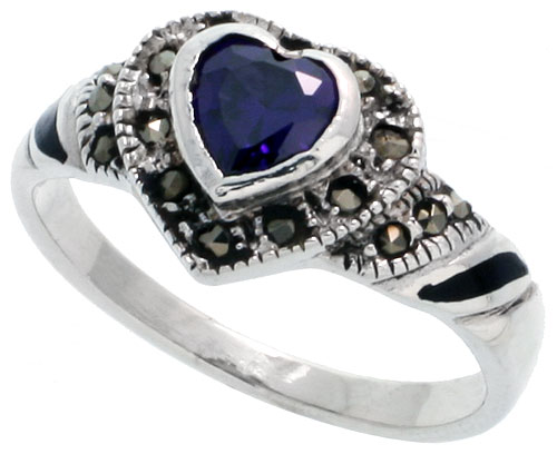 Sterling Silver Marcasite Heart Ring, w/ Amethyst CZ, 3/8&quot; (10 mm) wide