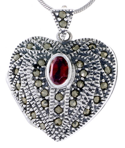 Sterling Silver Heart Locket Marcasite Natural Garnet