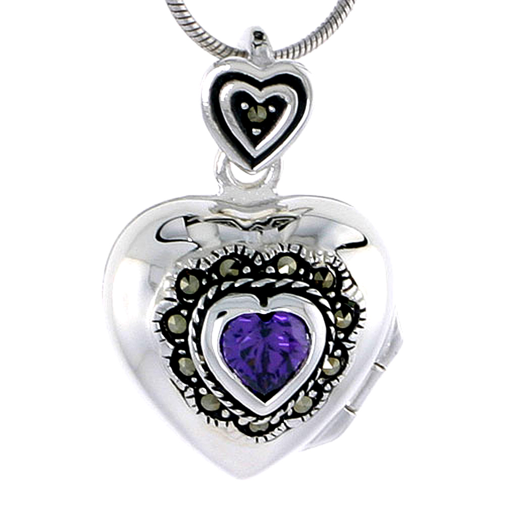 Sterling Silver Locket Necklace Heart Marcasite Amethyst