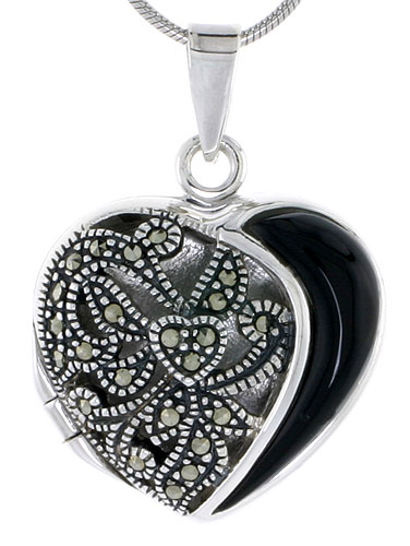 Sterling Silver Locket Necklace Heart Marcasite