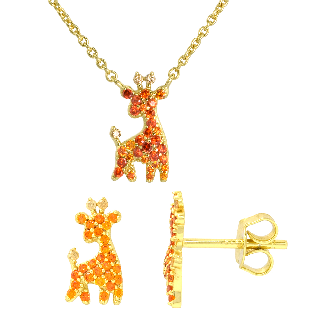 Dainty Sterling Silver Giraffe Earrings Necklace Set Orange CZ Micropave Gold Plated 1/2 inch (14mm) tall