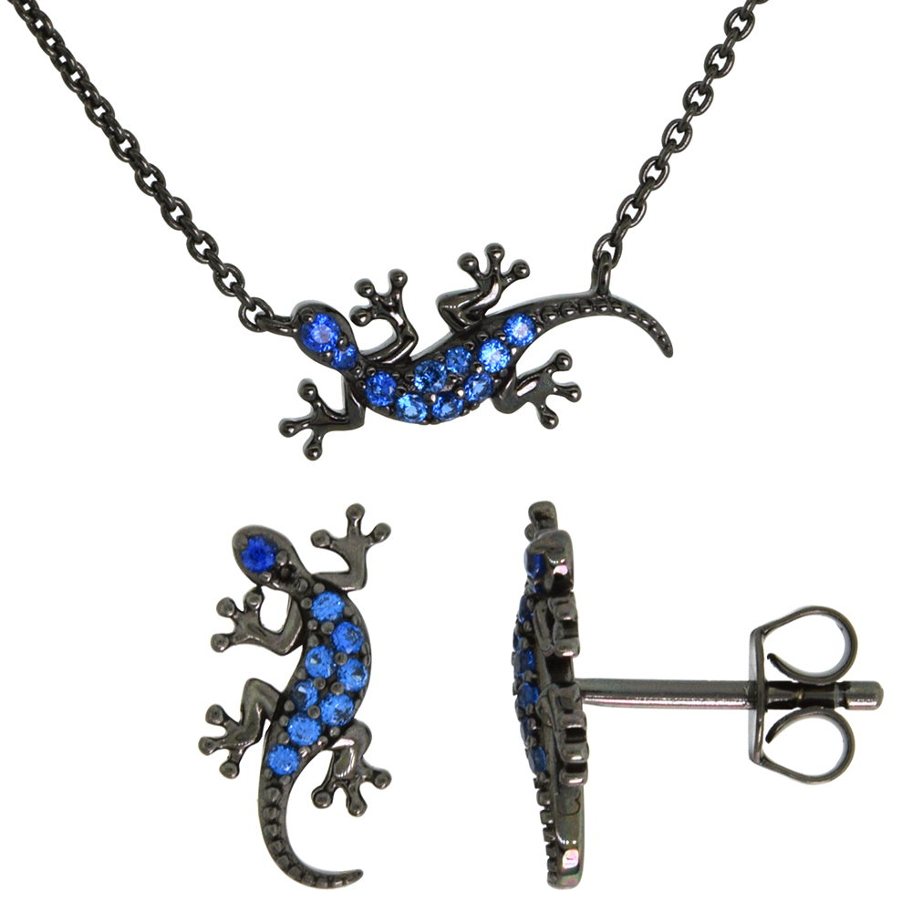 Dainty Sterling Silver Gecko Earrings Necklace Set Blue CZ Micropave Black Rhhodium Plated 3/4 inch (18mm) wide
