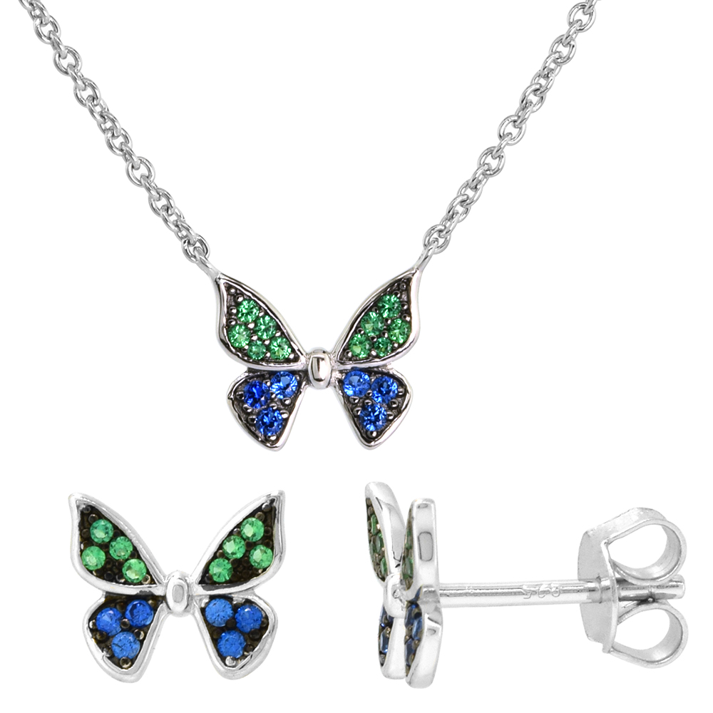 Dainty Sterling Silver Butterfly Earrings Necklace Set Green and Blue CZ Micropave Rhodium Plated 1/2 inch (12mm) wide