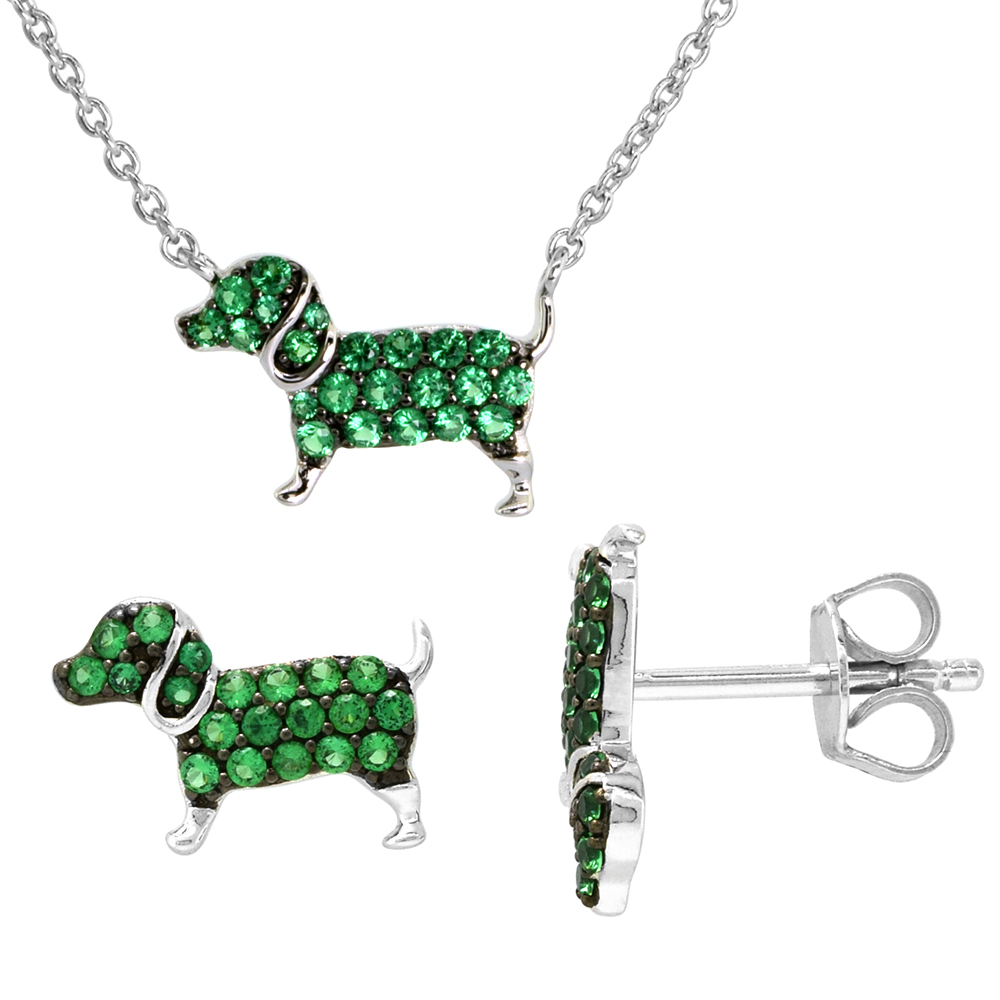 Dainty Sterling Silver Dog Earrings Necklace Set Green CZ Micropave Rhodium Plated 1/2 inch (14mm) wide