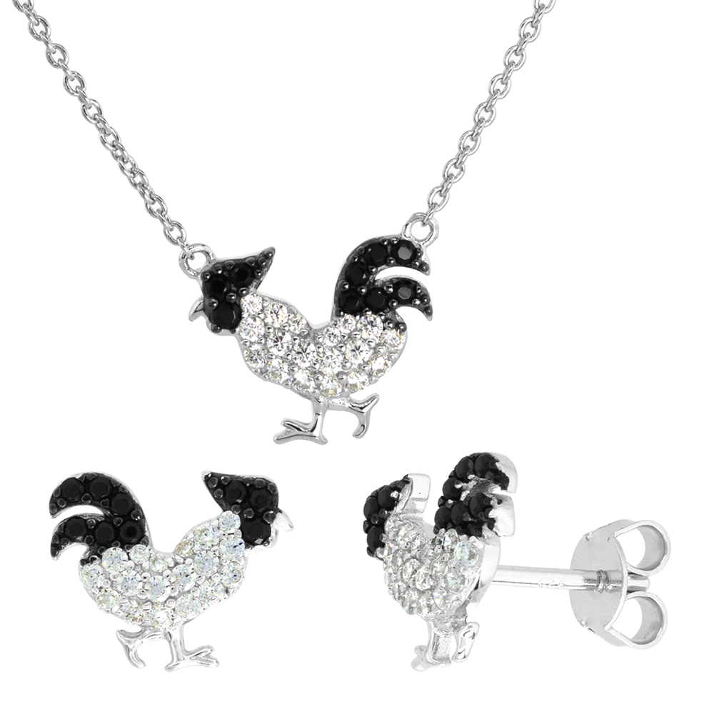 Dainty Sterling Silver Rooster Earrings Necklace Set Black and White CZ Micropave Rhodium Plated 1/2 inch (14mm) wide