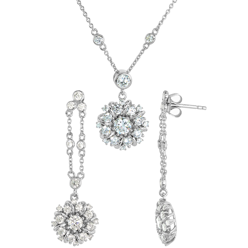 Dainty Sterling Silver CZ Round Cluster Earrings Necklace Set for Women Rhodium Plated 5/8 inch (15mm) wide