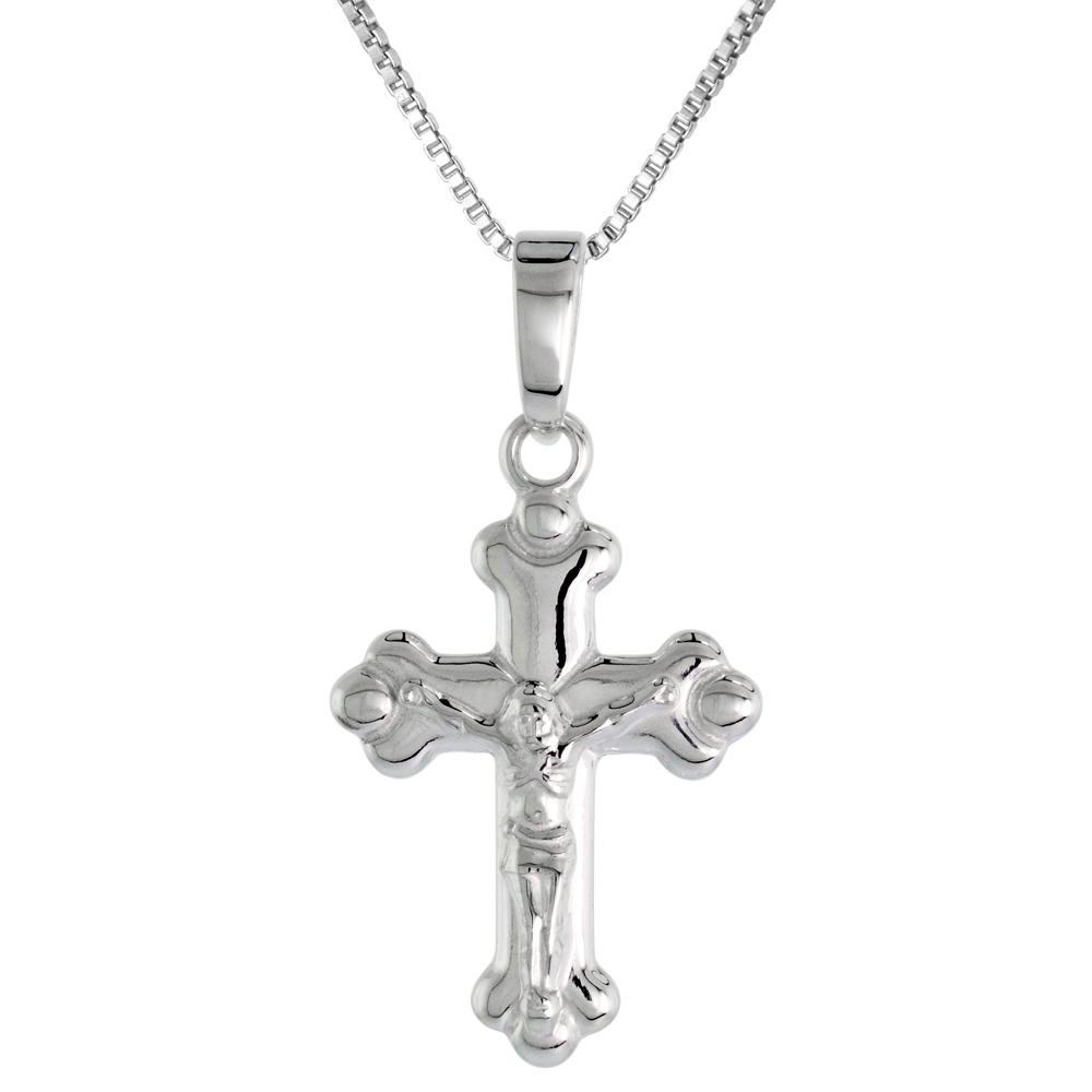 7/8 inch Sterling Silver Small Budded Cross Crucifix Necklace for Women and Men Solid Back Flawless High Polished Finish 0.8mm Box_Chain