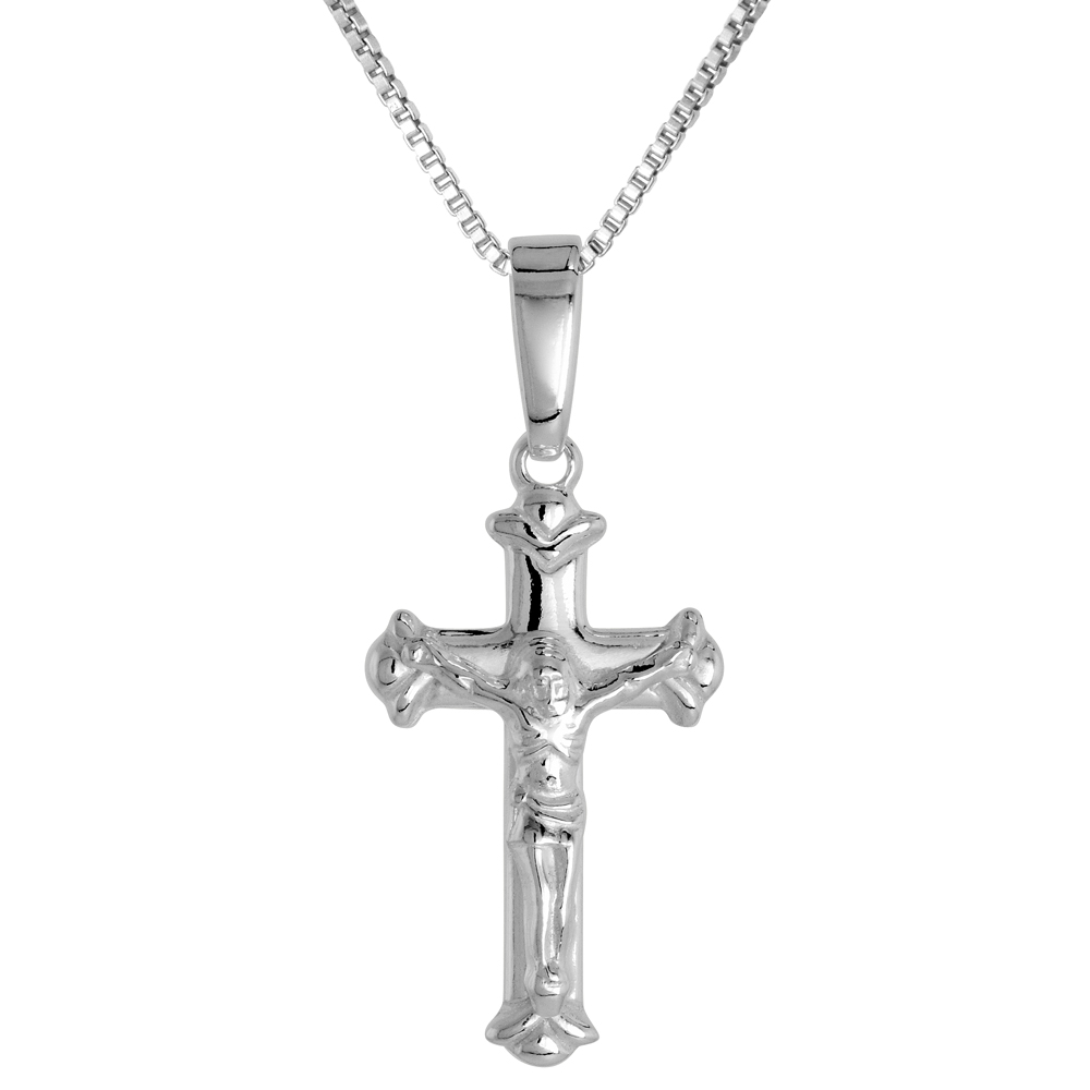 7/8 inch Sterling Silver Dainty Crucifix Necklace for Women and Men Solid Back Flawless High Polished Finish 0.8mm Box_Chain