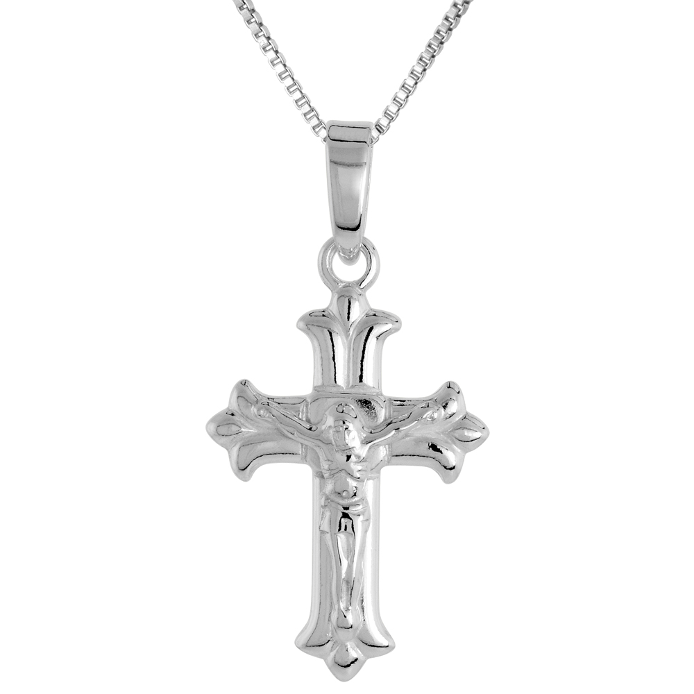 7/8 inch Sterling Silver Small Cross Fleury Crucifix Necklace for Women and Men Solid Back Flawless High Polished Finish 0.8mm Box_Chain
