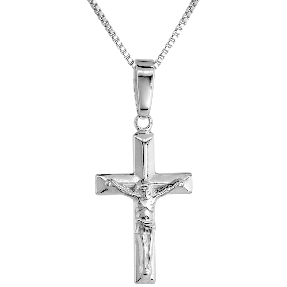 3/4 inch Sterling Silver Dainty Crucifix Necklace for Women and Men Gyronny Cross Solid Back Flawless High Polished Finish 0.8mm Box_Chain