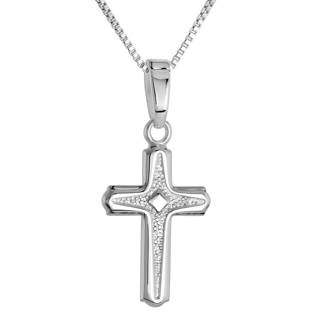 3/4 inch Sterling Silver Dainty Cross Necklace for Women and Men Voided Solid Back Flawless High Polished Finish 0.8mm Box_Chain