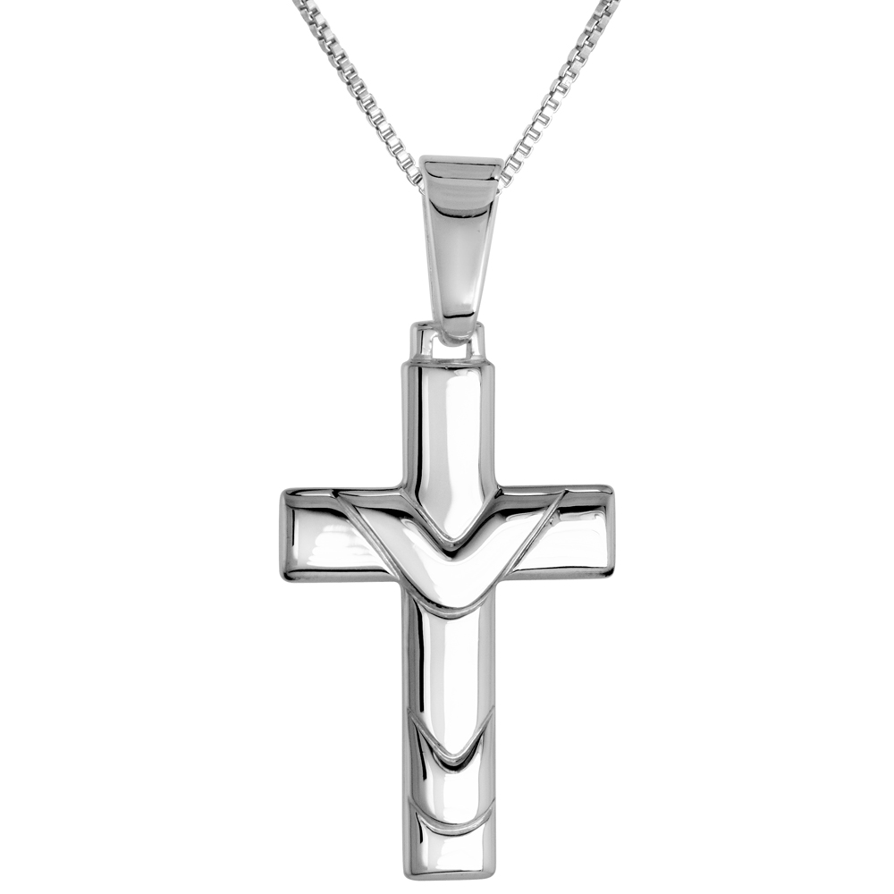 1 1/8 inch Sterling Silver Small Shrouded Cross Necklace for Men and Women Solid Back Flawless High Polished Finish 1mm Box_Chain