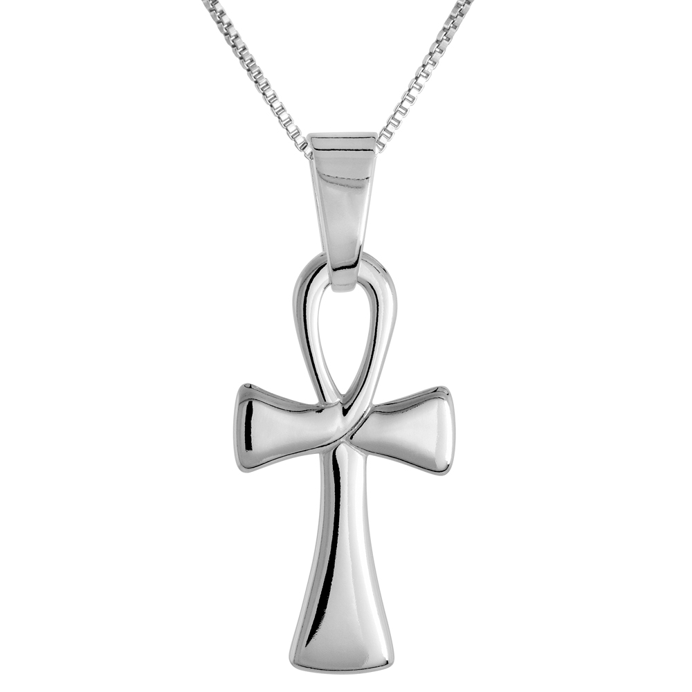 1 1/8 inch Sterling Silver Small Ankh Necklace for Men and Women Stylized Solid Back Flawless High Polished Finish 0.8mm Box_Chain