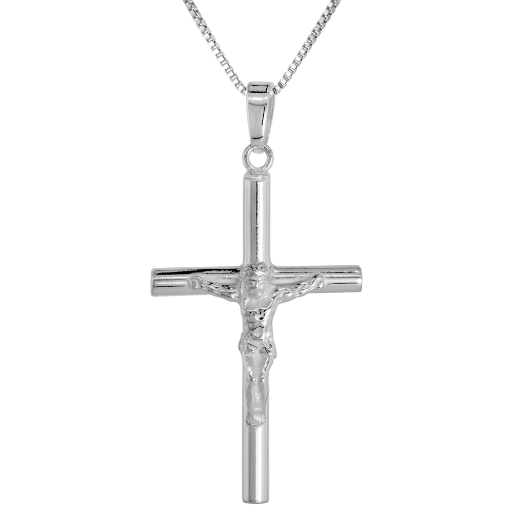 1.5 inch Sterling Silver Plain Crucifix Necklace for Men and Women Tubular Flawless High Polished Finish 1.2mm Box_Chain