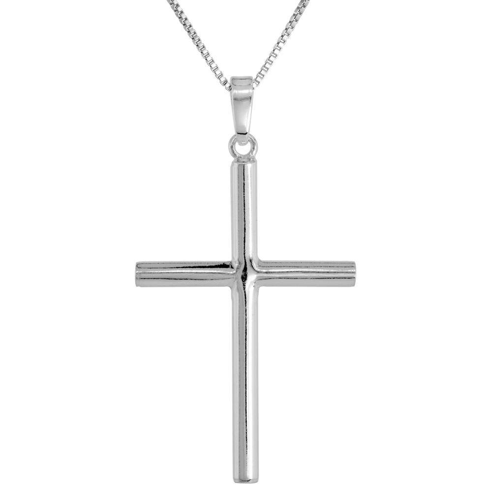 1.5 inch Sterling Silver Large Plain Cross Necklace for Men and Women Tubular Flawless High Polished Finish 1.2mm Box_Chain