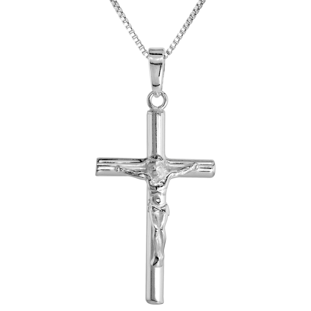 1 1/4 inchSterling Silver Plain Crucifix Necklace for Men and Women Tubular Flawless High Polished Finish 1.2mm Box_Chain