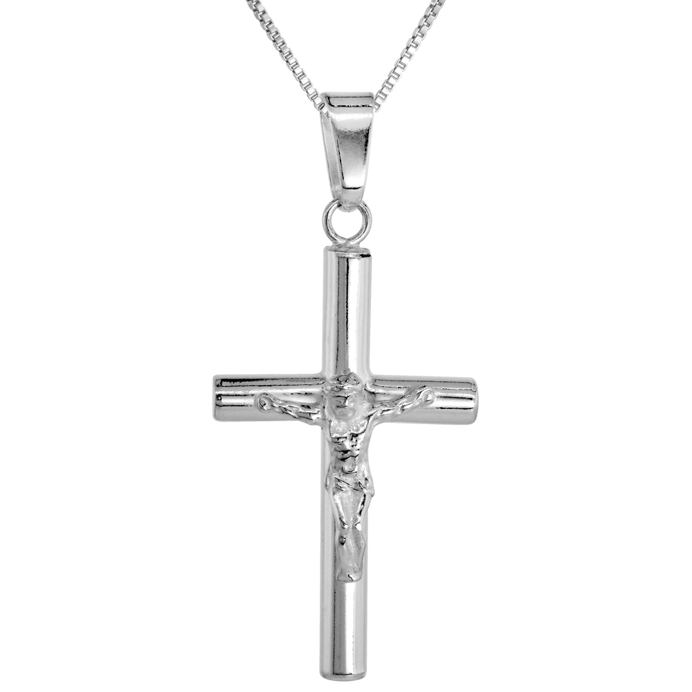 1 3/8 inch Sterling Silver Large Plain Crucifix Necklace for Men and Women Tubular Flawless High Polished Finish 1.2mm Box_Chain