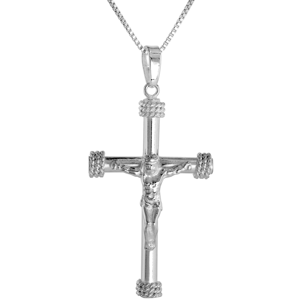 1 1/2 inch Sterling Silver Rope Cross Crucifix Necklace for Men and Women Tubular Flawless High Polished Finish 1.2mm Box_Chain