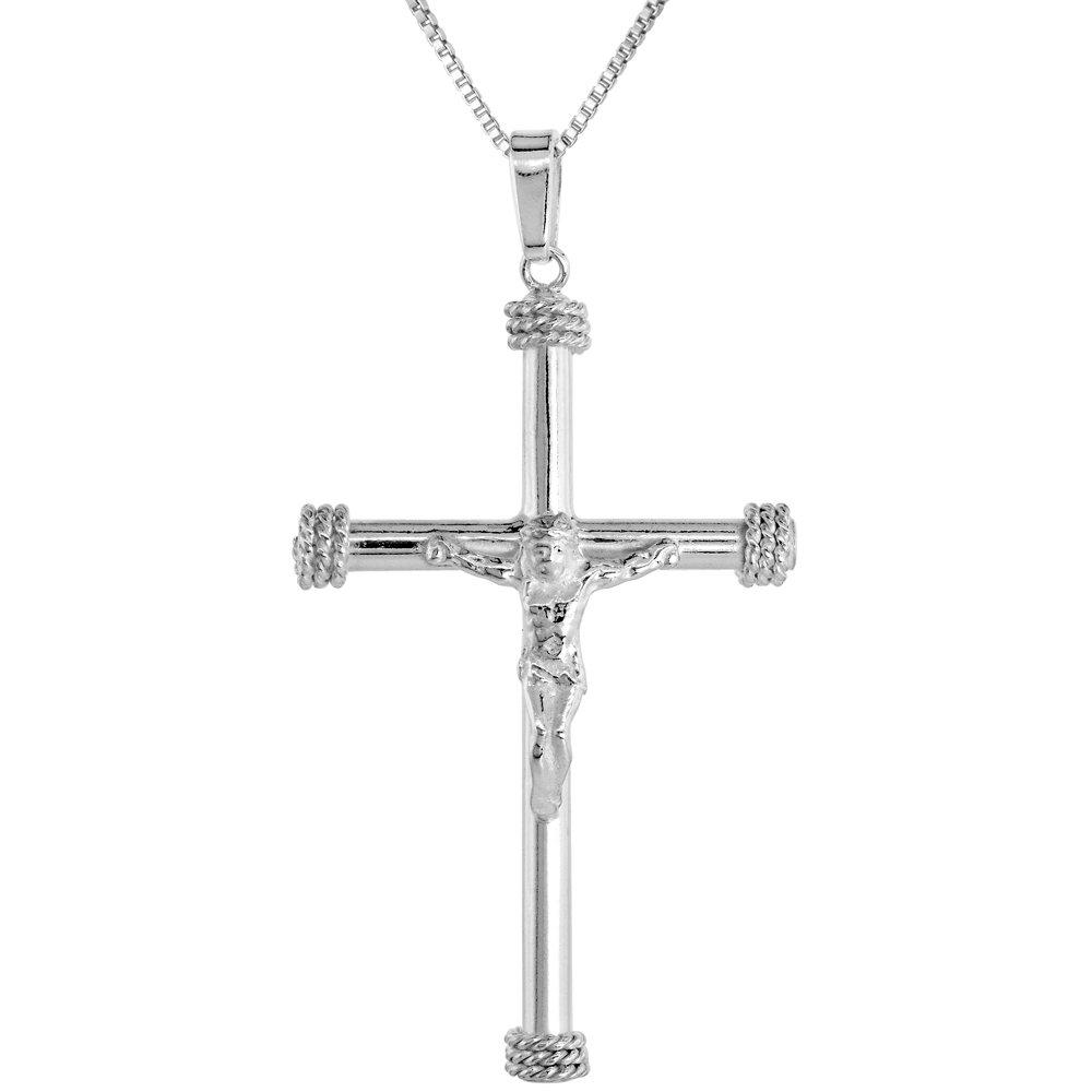 1 3/4 inch Sterling Silver Large Rope Cross Crucifix Necklace for Men and Women Tubular Flawless High Polished Finish 1.2mm Box_Chain