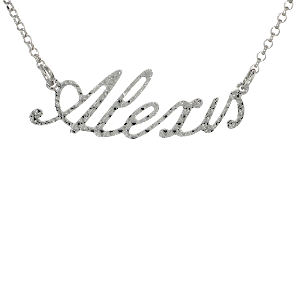 Sterling Silver Name Necklace Alexis Diamond Cut Platinum Coated Italy, about 3/4 Inch wide 16 Inches + 2 inch extension